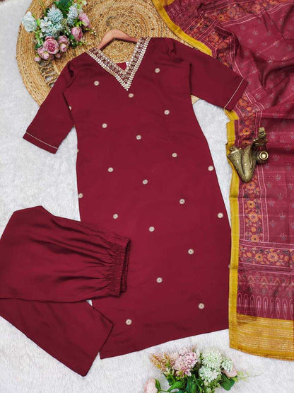 Premium Roman Silk Kesh211 Ldy85 Suits & Dresses  Embroidery Ladies Silk Long Kurtis Maroon Salwar Suits