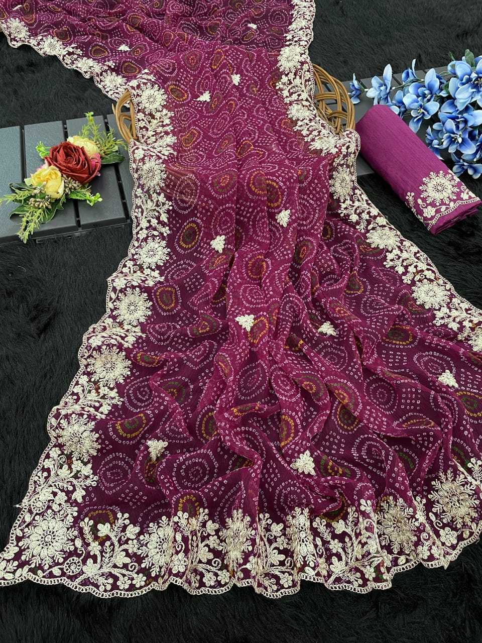 Pure Chiffon Rin128 Rjk89 Sarees  Chiffon Bandhani Printed Gota Patti Work Cutwork Sarees