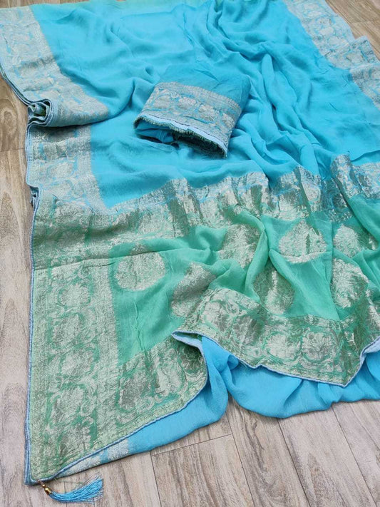 Pure Chiffon Rin152 Nsd72 Sarees  Half And Half Chiffon Zari Border Zari Sarees