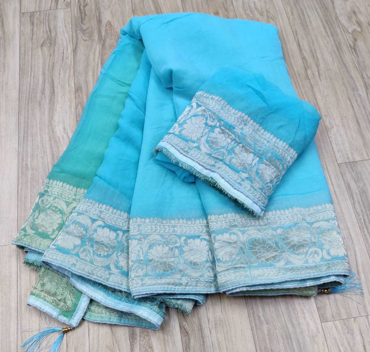 Pure Chiffon Rin152 Nsd72 Sarees  Half And Half Chiffon Zari Border Zari Sarees