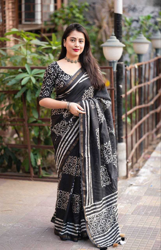 Pure Cotton Kesh118 Black Batik Sarees  Printed Cotton Linen Batik Zari Border Sarees