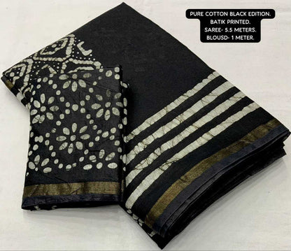 Pure Cotton Kesh118 Black Batik Sarees  Printed Cotton Linen Batik Zari Border Sarees