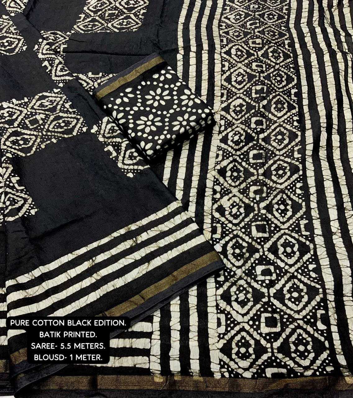 Pure Cotton Kesh118 Black Batik Sarees  Printed Cotton Linen Batik Zari Border Sarees