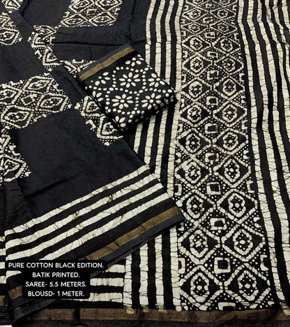 Pure Cotton Kesh118 Black Batik Sarees  Printed Cotton Linen Batik Zari Border Sarees