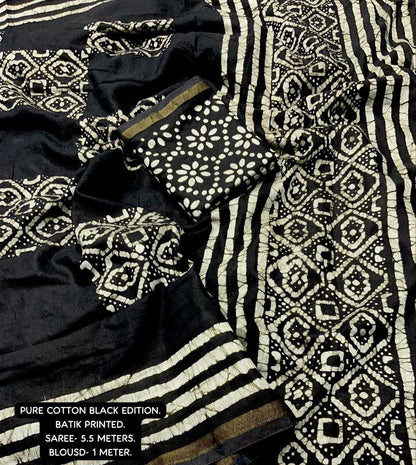 Pure Cotton Kesh118 Black Batik Sarees  Printed Cotton Linen Batik Zari Border Sarees