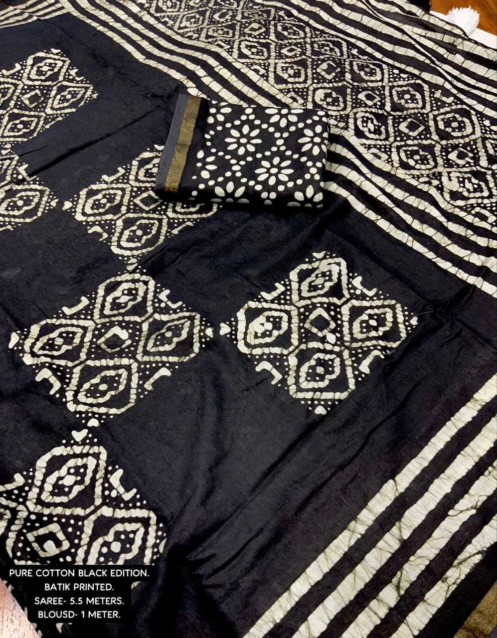 Pure Cotton Kesh118 Black Batik Sarees  Printed Cotton Linen Batik Zari Border Sarees