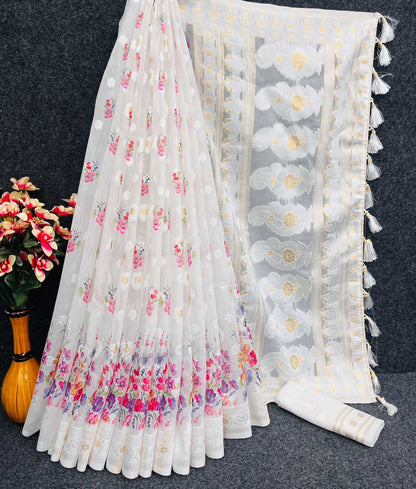 Pure Linen Rin159 Linen Flower Sarees  Fancy Printed Zari Border Sarees