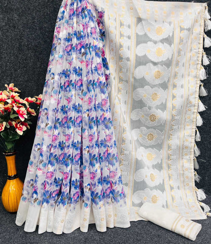 Pure Linen Rin159 Linen Flower Sarees  Fancy Printed Zari Border Sarees