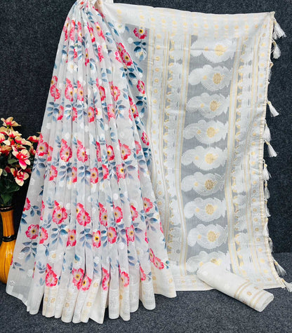 Pure Linen Rin159 Linen Flower Sarees  Fancy Printed Zari Border Sarees