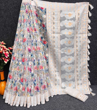 Pure Linen Rin159 Linen Flower Sarees  Fancy Printed Zari Border Sarees