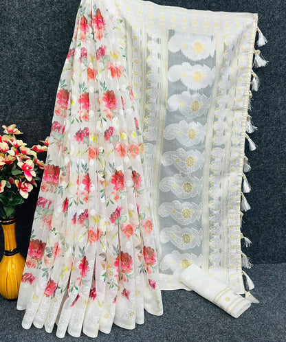 Pure Linen Rin159 Linen Flower Sarees  Fancy Printed Zari Border Sarees