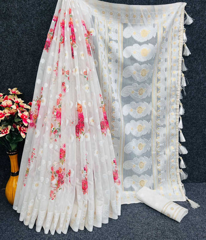 Pure Linen Rin159 Linen Flower Sarees  Fancy Printed Zari Border Sarees