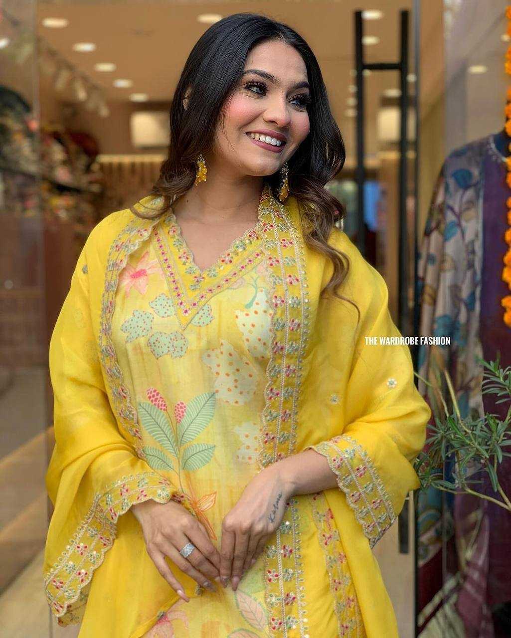 Pure Maslin Silk Kesh211 Ldy75 Suits & Dresses  Printed Ladies Silk Long Kurtis Yellow Salwar Suits