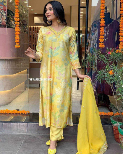 Pure Maslin Silk Kesh211 Ldy75 Suits & Dresses  Printed Ladies Silk Long Kurtis Yellow Salwar Suits