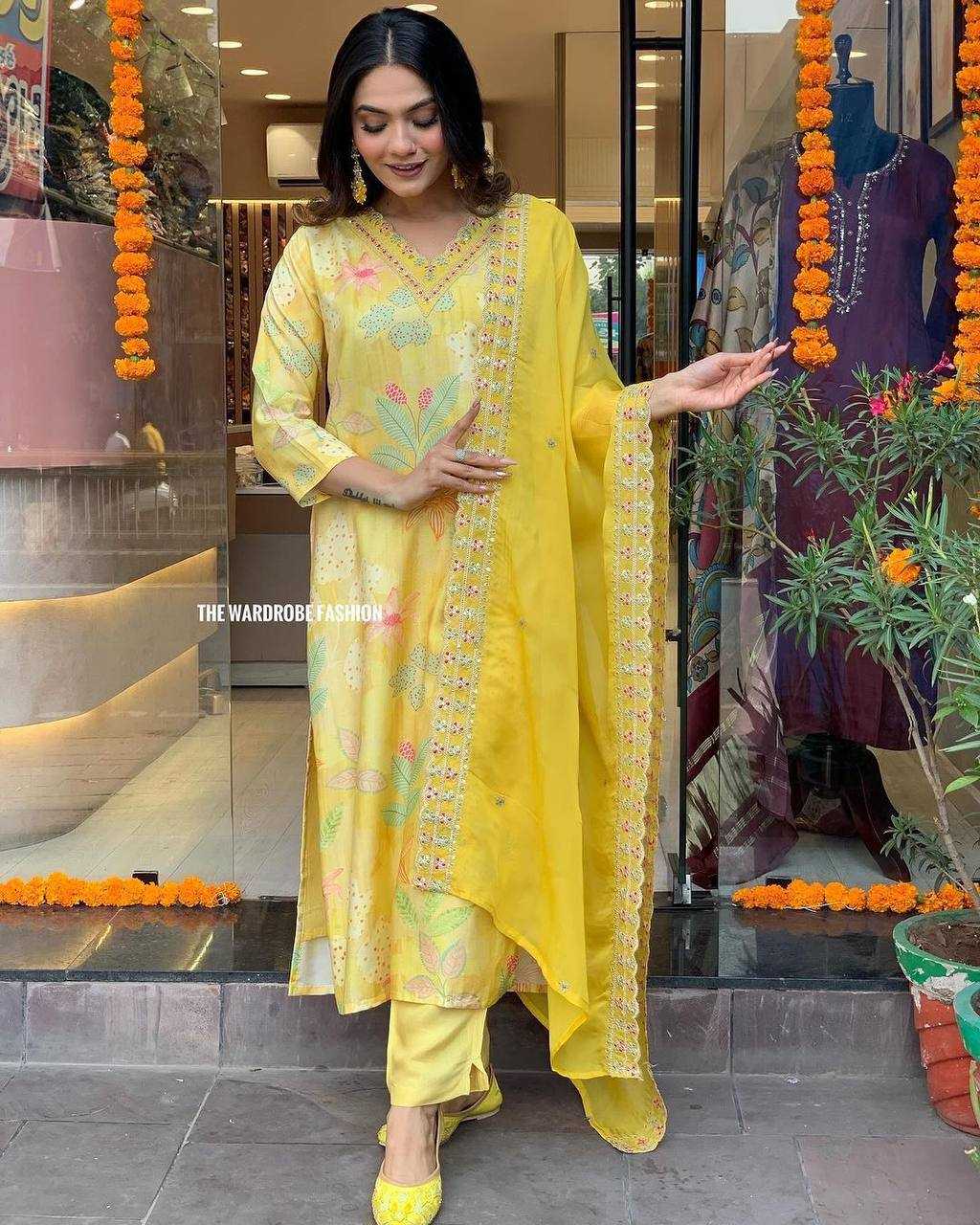 Pure Maslin Silk Kesh211 Ldy75 Suits & Dresses  Printed Ladies Silk Long Kurtis Yellow Salwar Suits