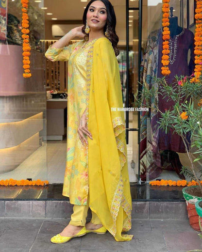 Pure Maslin Silk Kesh211 Ldy75 Suits & Dresses  Printed Ladies Silk Long Kurtis Yellow Salwar Suits