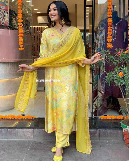 Pure Maslin Silk Kesh211 Ldy75 Suits & Dresses  Printed Ladies Silk Long Kurtis Yellow Salwar Suits