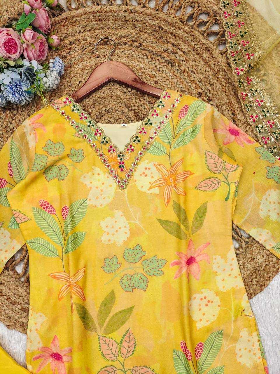 Pure Maslin Silk Kesh211 Ldy75 Suits & Dresses  Printed Ladies Silk Long Kurtis Yellow Salwar Suits