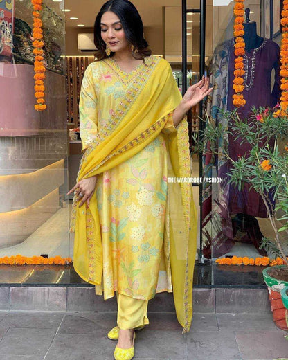 Pure Maslin Silk Kesh211 Ldy75 Suits & Dresses  Printed Ladies Silk Long Kurtis Yellow Salwar Suits