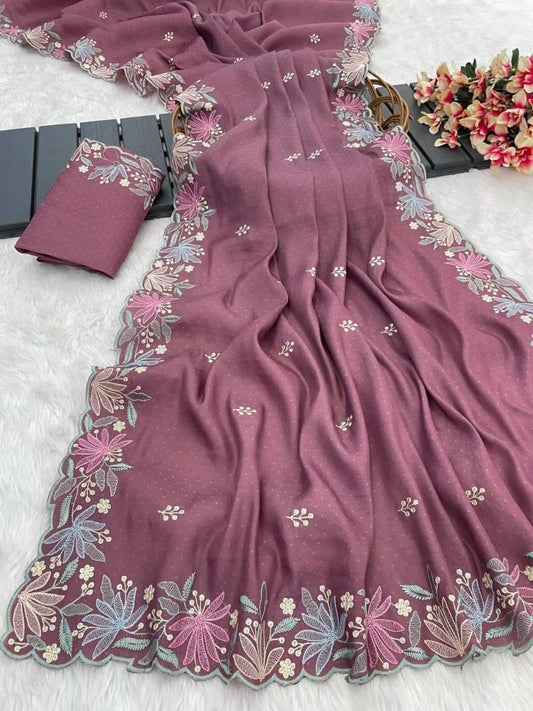 Pure Soft Rin163 Rae26 Sarees  Work Embroidered Butta Cutwork Sarees