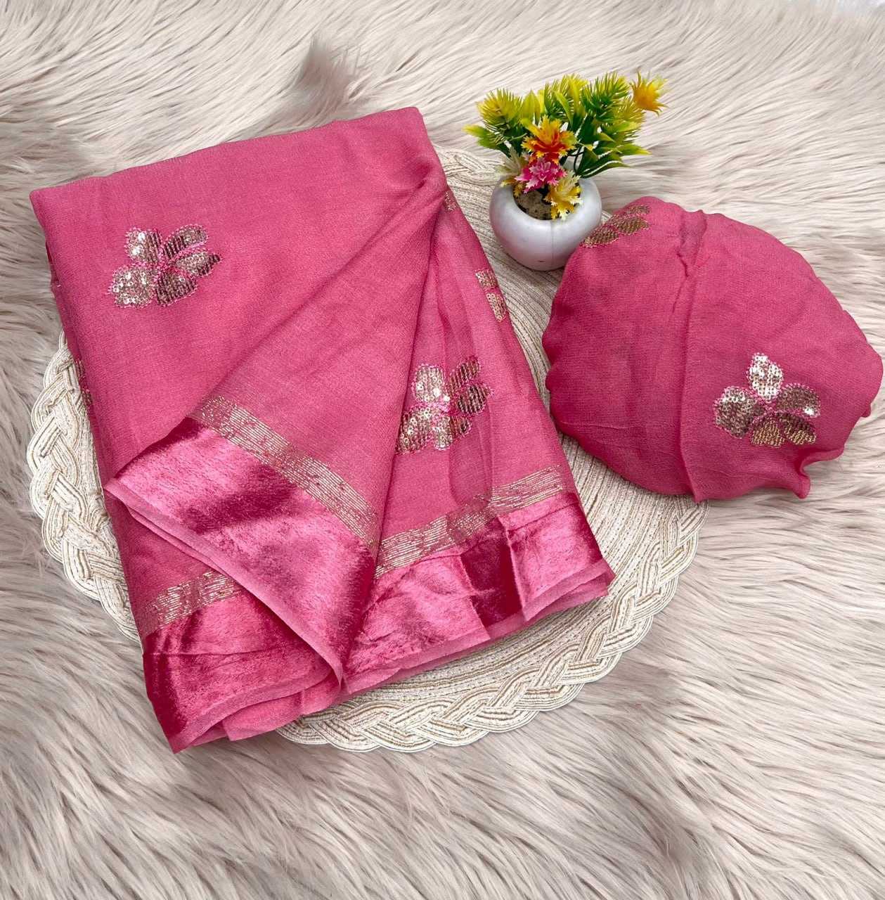 Pure Viscos Rin104 Ape63 Sarees  Georgette Viscose Butta Zari Border Sequence Sarees