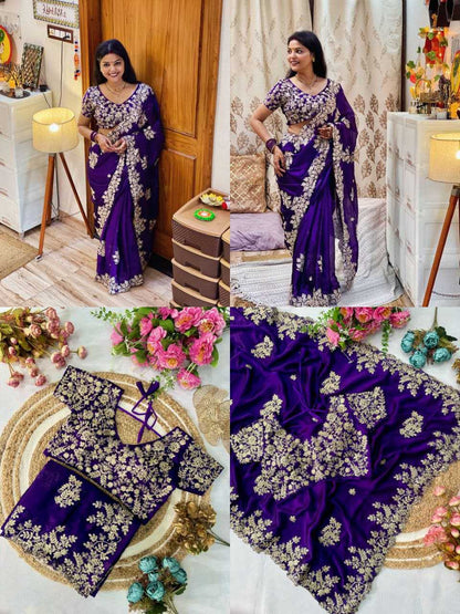 Rangoli Silk Kesh188 9231 Sarees  Sequence Embroidered Cutwork Silk Sarees With Blouse Purple Sarees