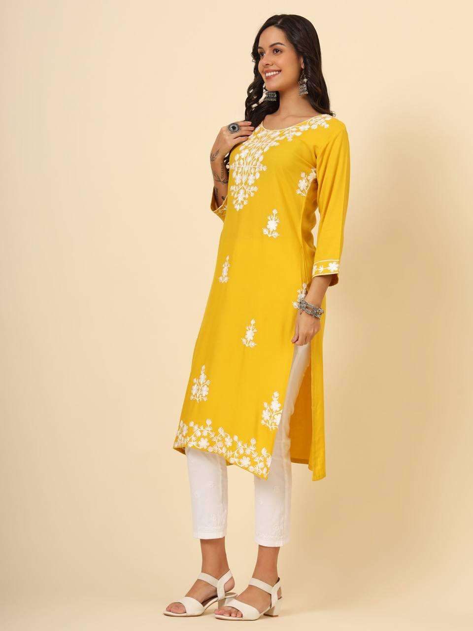 Rayon Rin188 Mudra2 Kurtis  Long Rayon Luckowi Chikan Kurtis