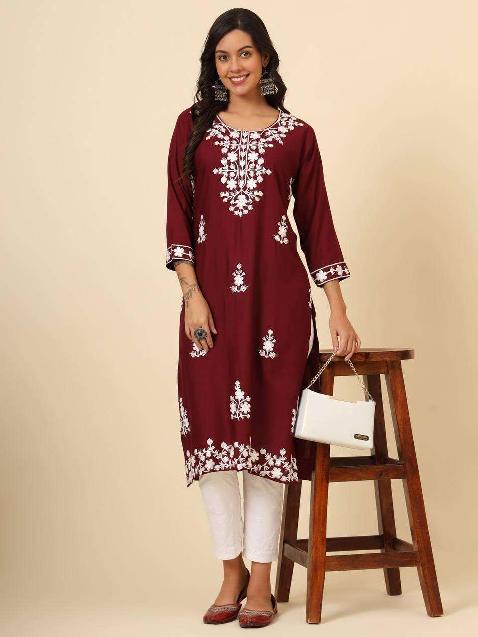 Rayon Rin188 Mudra2 Kurtis  Long Rayon Luckowi Chikan Kurtis