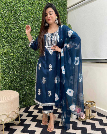 Reyon Cotton Kesh211 Ldy14 Suits & Dresses  Embroidered Cotton Party Wear Long Kurtis Blue Salwar Suits