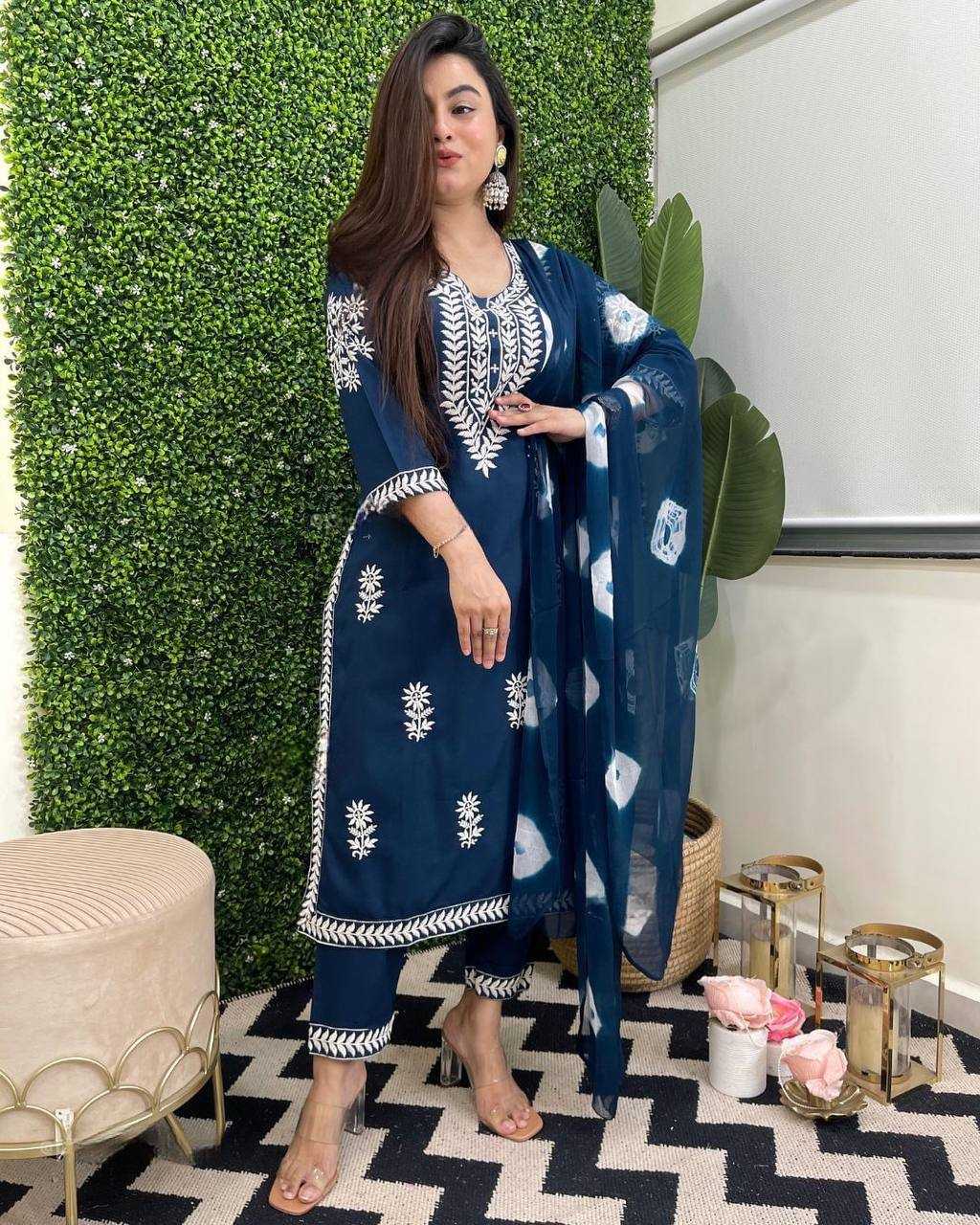 Reyon Cotton Kesh211 Ldy14 Suits & Dresses  Embroidered Cotton Party Wear Long Kurtis Blue Salwar Suits