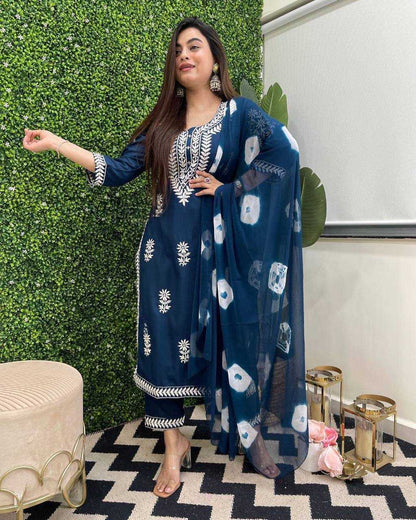 Reyon Cotton Kesh211 Ldy14 Suits & Dresses  Embroidered Cotton Party Wear Long Kurtis Blue Salwar Suits