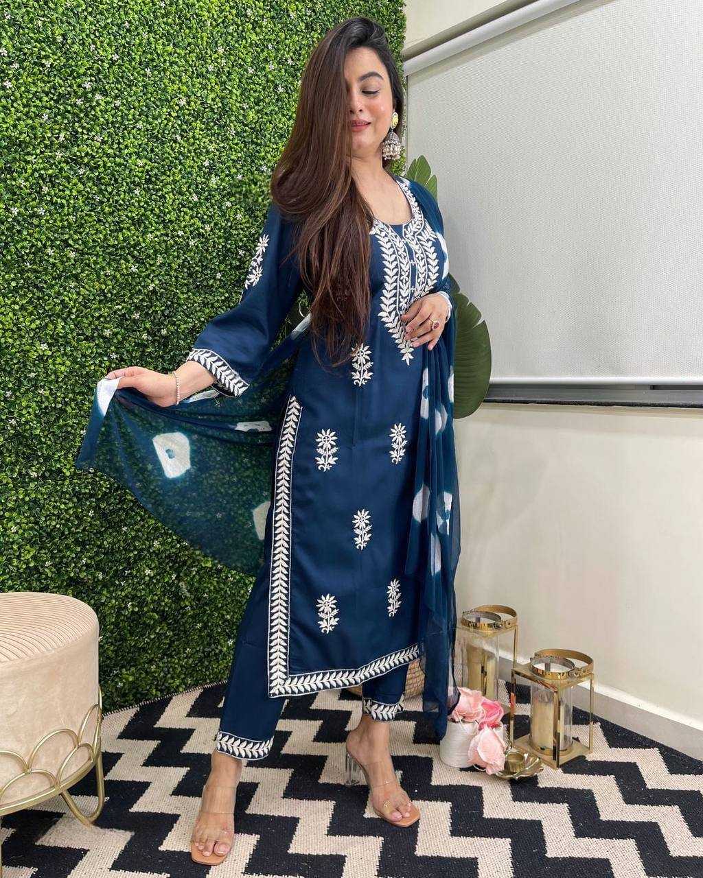 Reyon Cotton Kesh211 Ldy14 Suits & Dresses  Embroidered Cotton Party Wear Long Kurtis Blue Salwar Suits