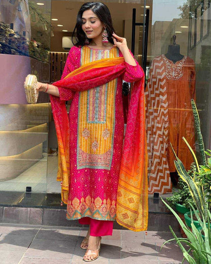 Satin Kesh211 Ldy94 Suits & Dresses  Printed Embroidered Long Kurtis Straight Cut Pink Salwar Suits