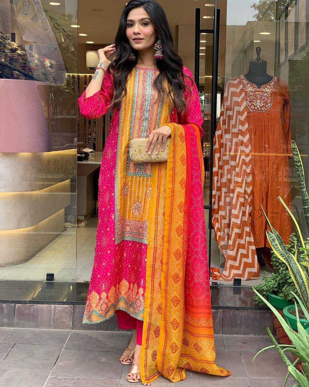 Satin Kesh211 Ldy94 Suits & Dresses  Printed Embroidered Long Kurtis Straight Cut Pink Salwar Suits