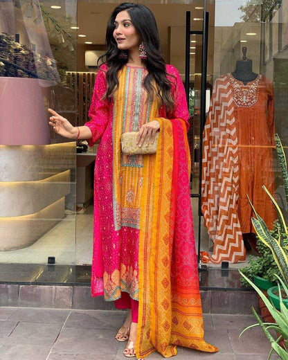 Satin Kesh211 Ldy94 Suits & Dresses  Printed Embroidered Long Kurtis Straight Cut Pink Salwar Suits