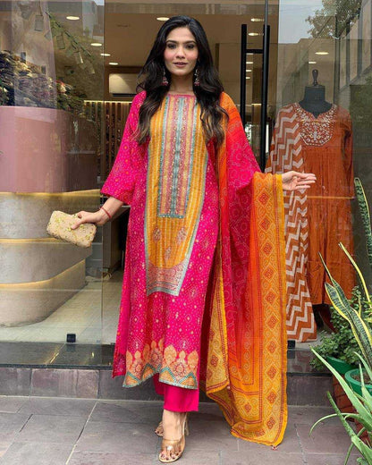 Satin Kesh211 Ldy94 Suits & Dresses  Printed Embroidered Long Kurtis Straight Cut Pink Salwar Suits