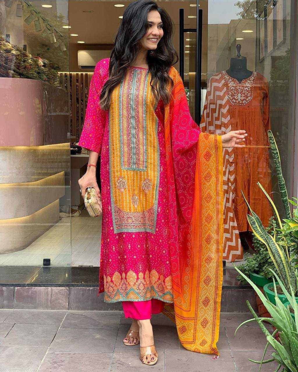 Satin Kesh211 Ldy94 Suits & Dresses  Printed Embroidered Long Kurtis Straight Cut Pink Salwar Suits