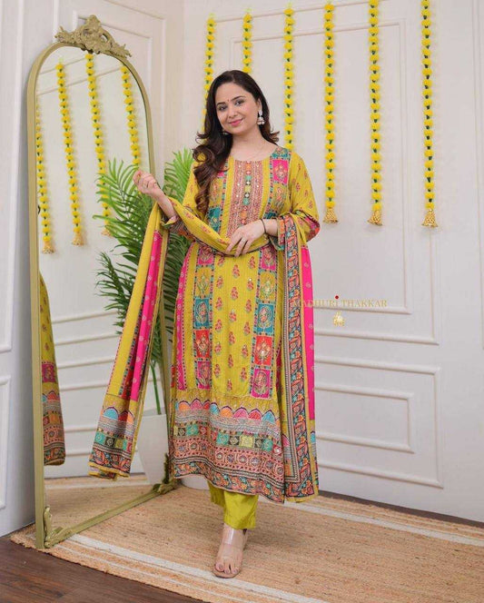 Satin Kesh211 Ldy96 Suits & Dresses  Printed Embroidery Silk Long Kurti Yellow Salwar Suits