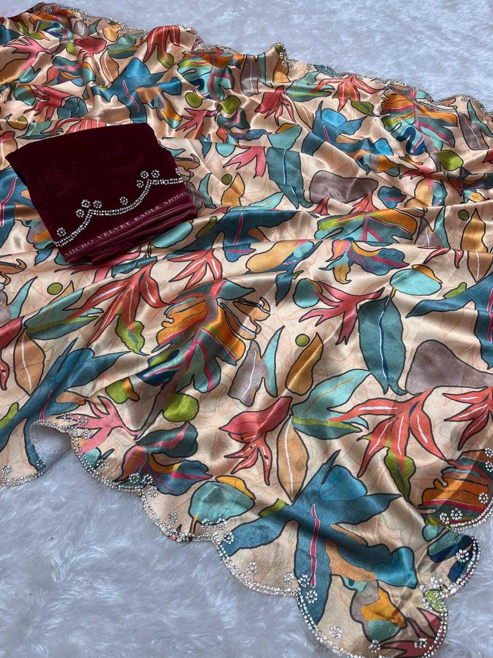 Satin Silk Kesh101 Ant100 Sarees  Printed Crepe Satin Kalmkari Sarees