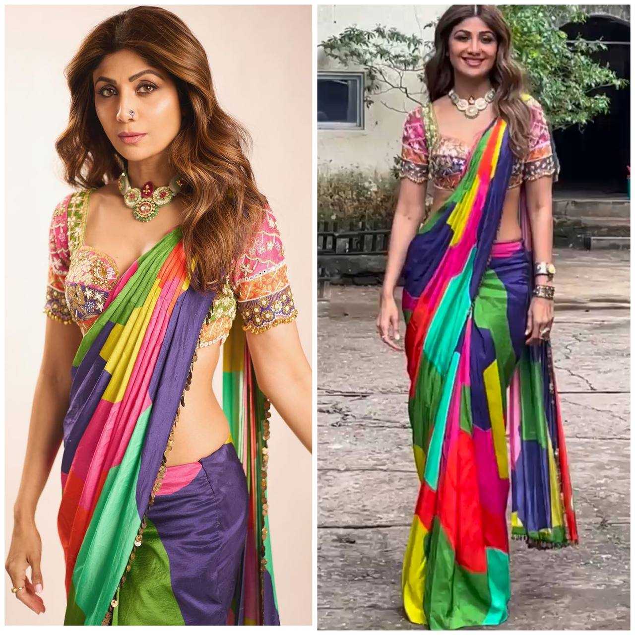 Satin Silk Rin108 1682 Sarees  Printed Lace Border Shilpa Shetty Satin Sarees