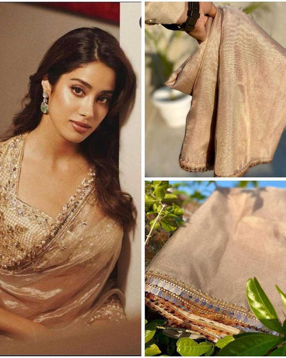 Shinon Silk Kesh162 Vrt07 Sarees Bollywood Collections  Plain Solid Lace Border Lightweight Saree With Blouse Golden Janhvi Kappor Sarees