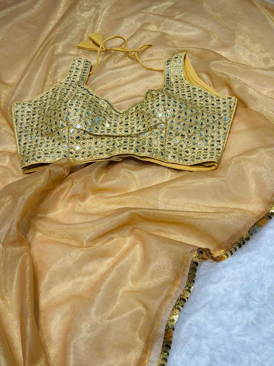 Shinon Silk Kesh162 Vrt07 Sarees Bollywood Collections  Plain Solid Lace Border Lightweight Saree With Blouse Golden Janhvi Kappor Sarees