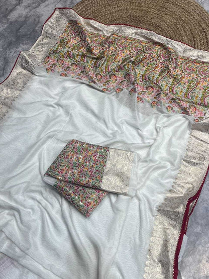 Silk Cotton Kesh101 Ant111 Sarees  Cotton Linen Lace Border Kashmiri Zari Border Sarees