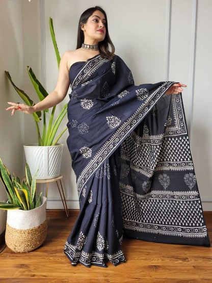 Silk Cotton Rin145 Ambika Sarees  Printed Cotton Linen Ladies Batik Sarees