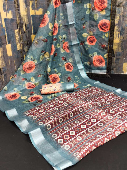 Silk Cotton Rin145 Nikita Sarees  Printed Cotton Linen Ladies Sarees