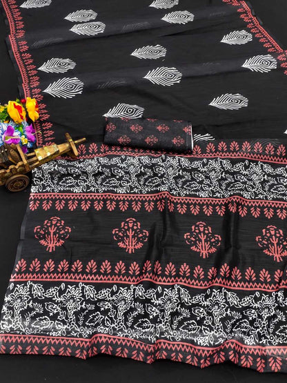 Silk Cotton Rin145 Vishnu Sarees  Printed Cotton Linen Ladies Batik Sarees