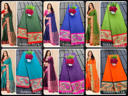 Silk Cotton Rin184 Janvi Sarees  Cotton Linen Ladies Lace Border Zari Border Sarees