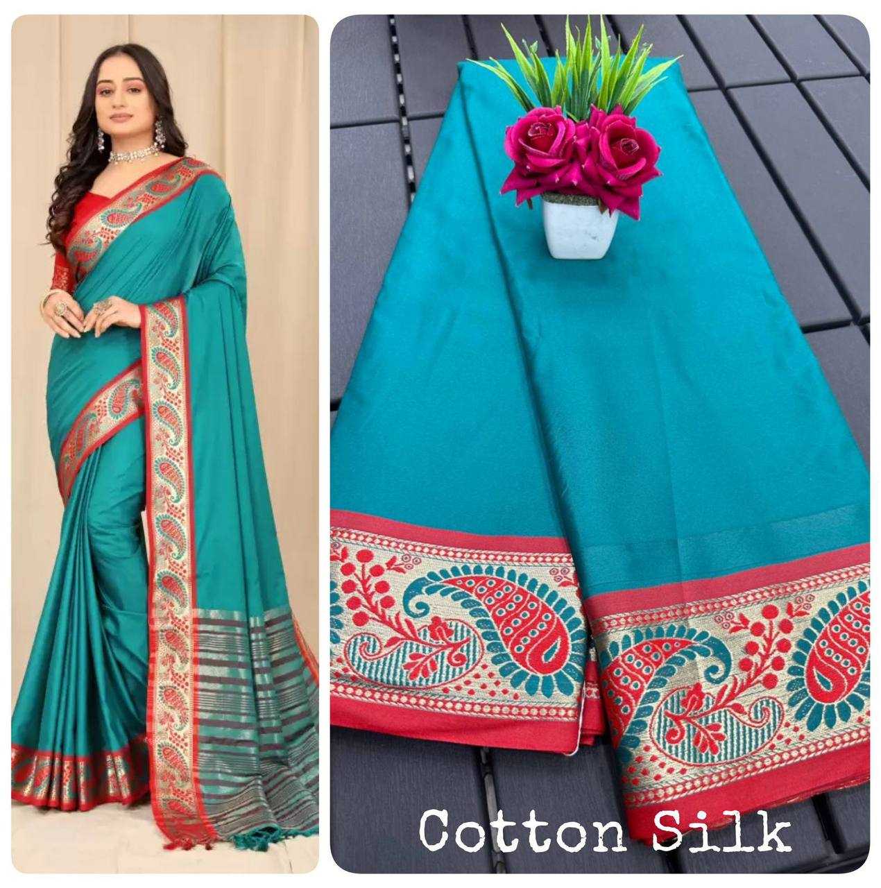 Silk Cotton Rin184 Janvi Sarees  Cotton Linen Ladies Lace Border Zari Border Sarees