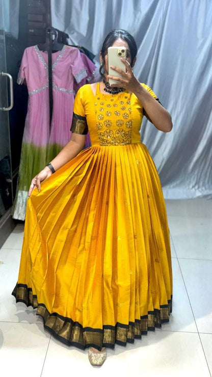 Silk Cotton Rin197 Sunflower Gowns  Fancy Anarkali Long Gowns