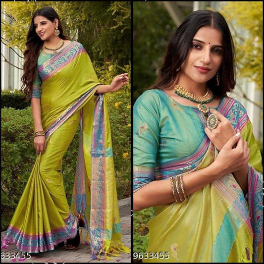 Silk Cotton Rvr Soni Peacock Sarees  Cotton Linen Butta Jacquard Sarees